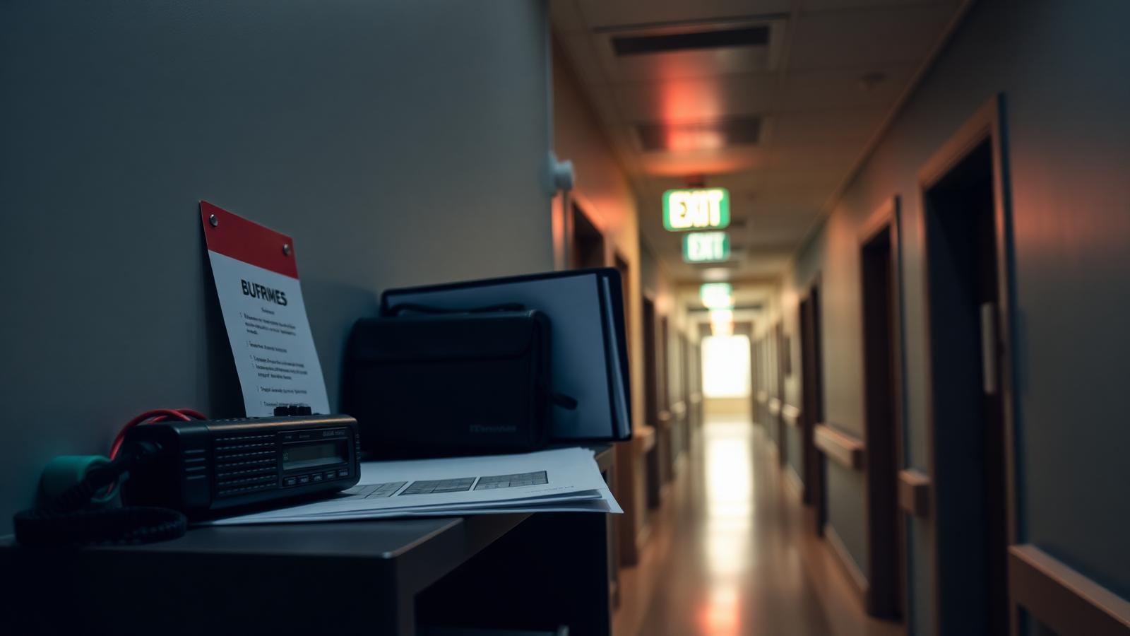 Emergency supplies and a preparedness binder on a shelf in a senior care facility hallway