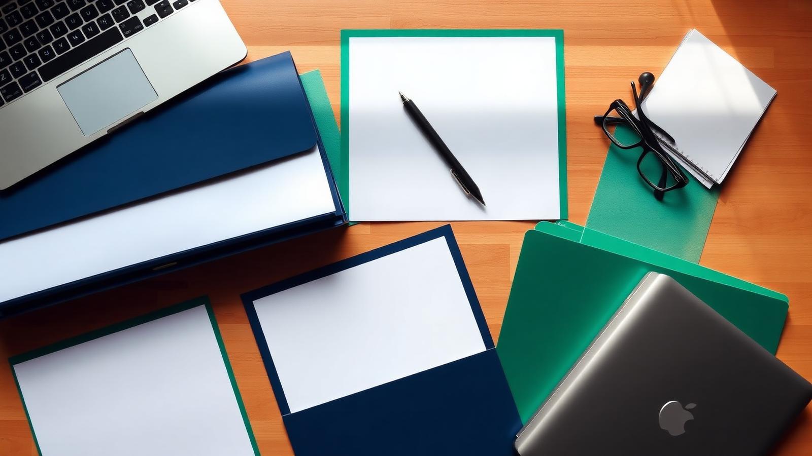 Application folders, notebook and laptop laid out on a desk during licensing work