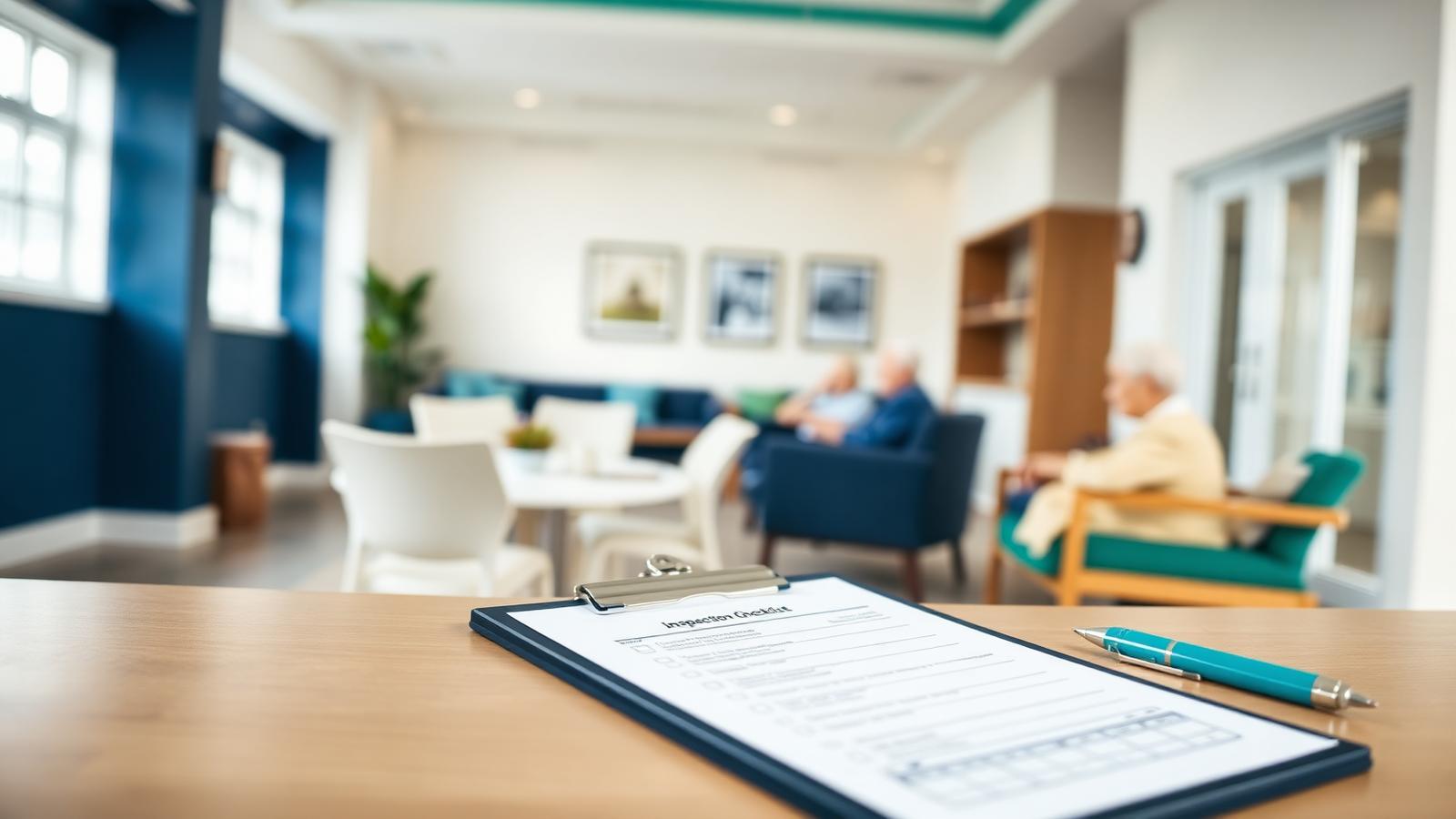 Inspection checklist on a clipboard in the common room of a Minnesota assisted living community