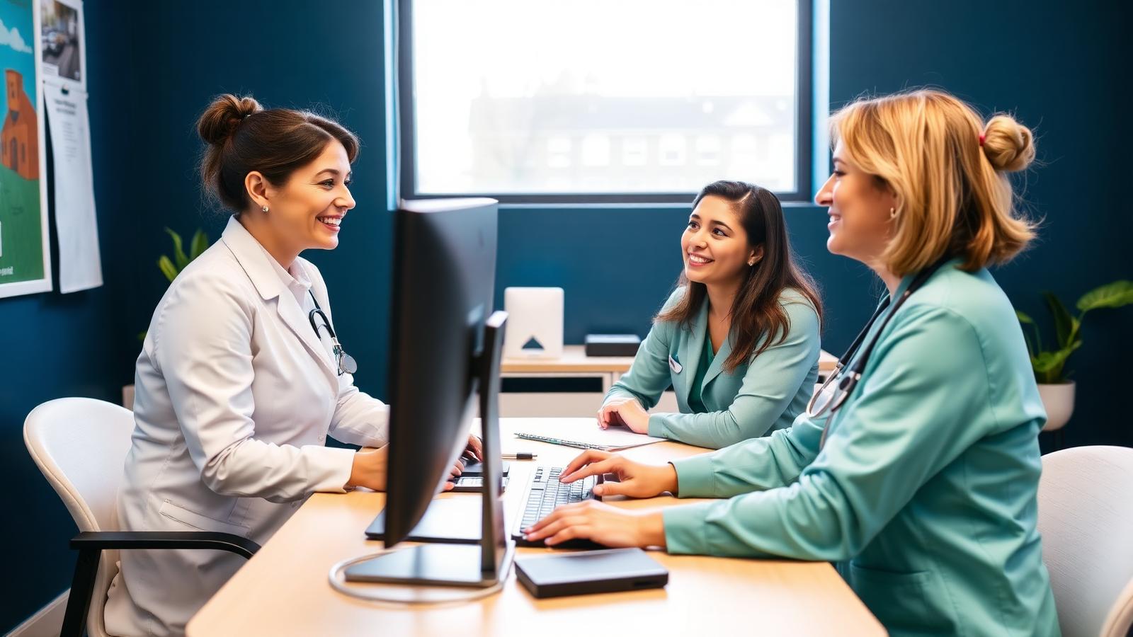 Manager onboarding a new caregiver at a computer in a bright office