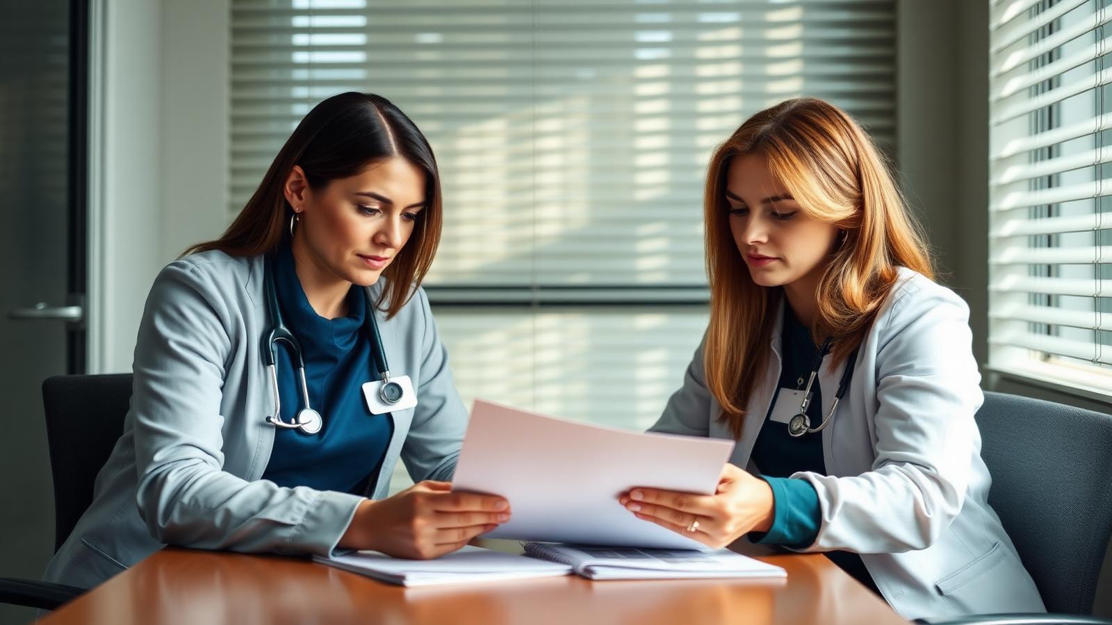 Two healthcare managers reviewing documents together in a small conference room