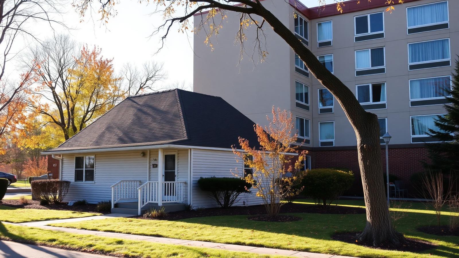 A small residential care home beside a larger assisted living building on an autumn Minnesota street