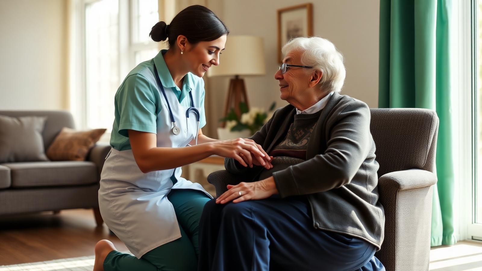 Caregiver speaking respectfully with an older resident seated in an armchair