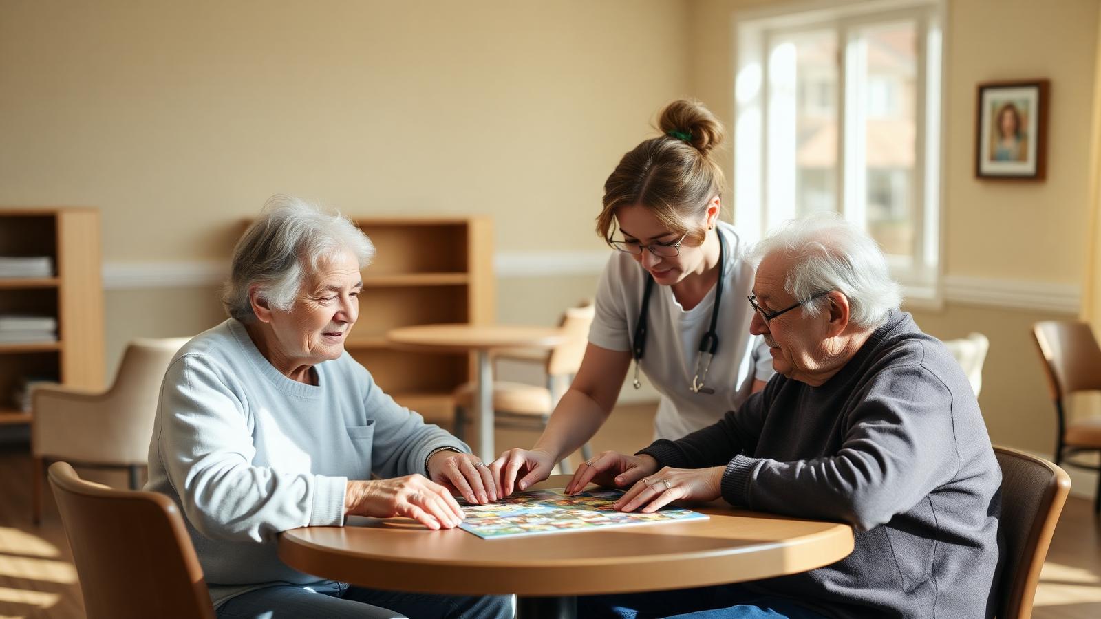 Caregiver supporting two older adults during an activity in a memory care day room