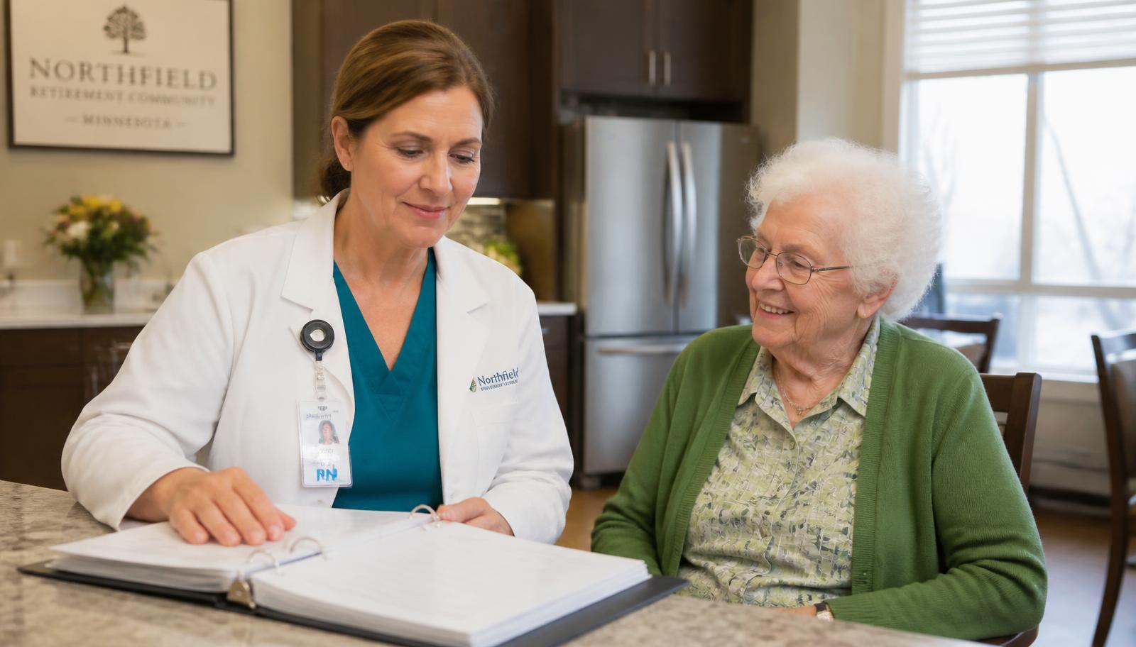 Senior care administrator reviewing resident records at a nurses station before a state inspection