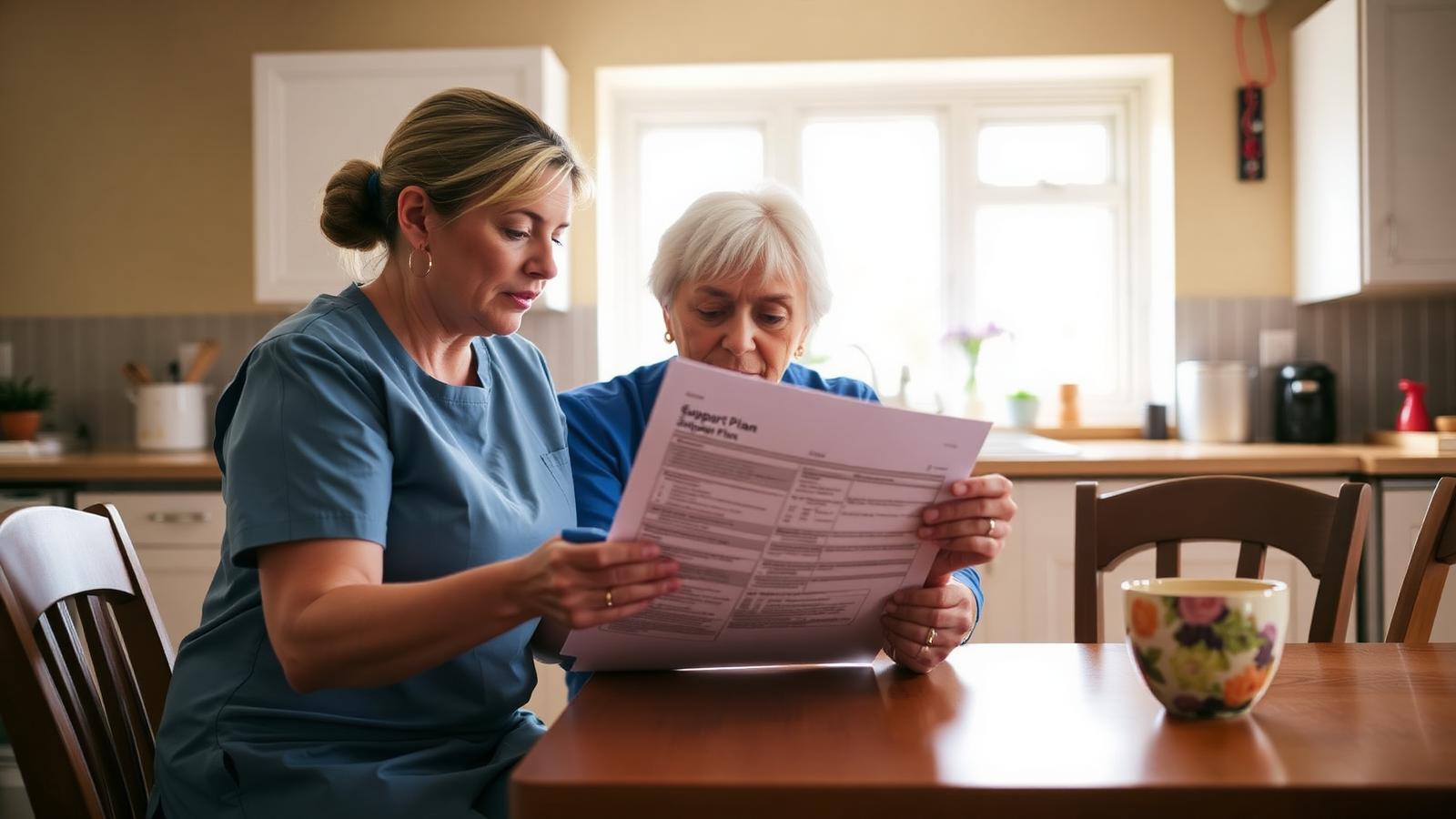Two care staff reviewing a printed support plan document at a kitchen table in a Minnesota residential home