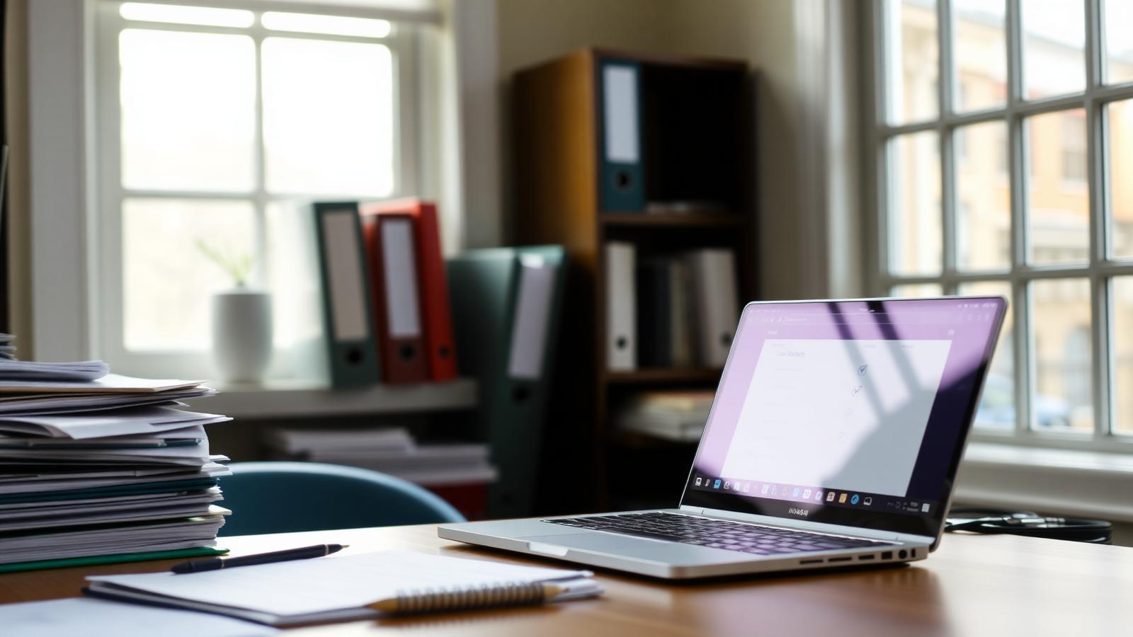 Organized 245D person files and a laptop checklist on a desk in a Minnesota group home office